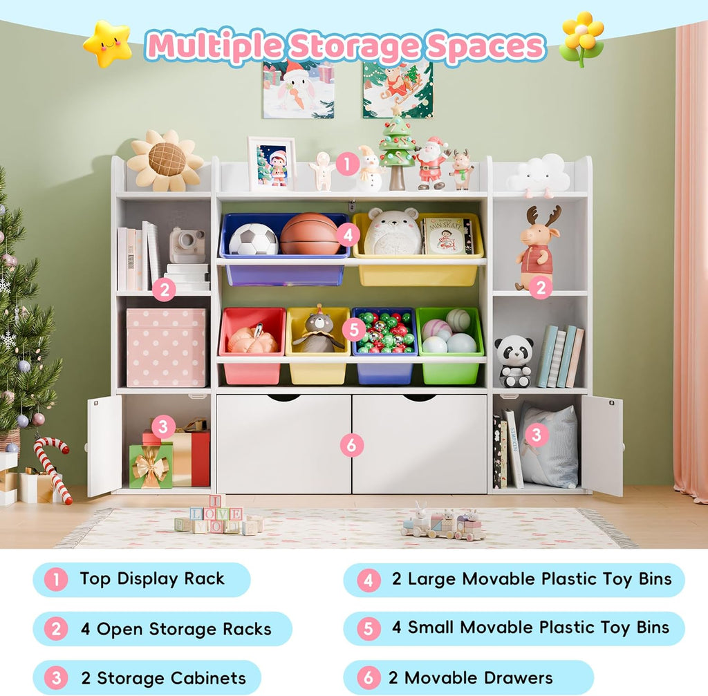 Xilingol Kids Toy Storage Organizer With 6 Removable Bins, 4-Tier Cubbies And 2 Movable Drawers