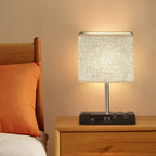 Touch Control Table Lamp With 2 USB Ports, 1 AC Outlet, 2 Phone Stands, Black Wooden Base And Grey Shade