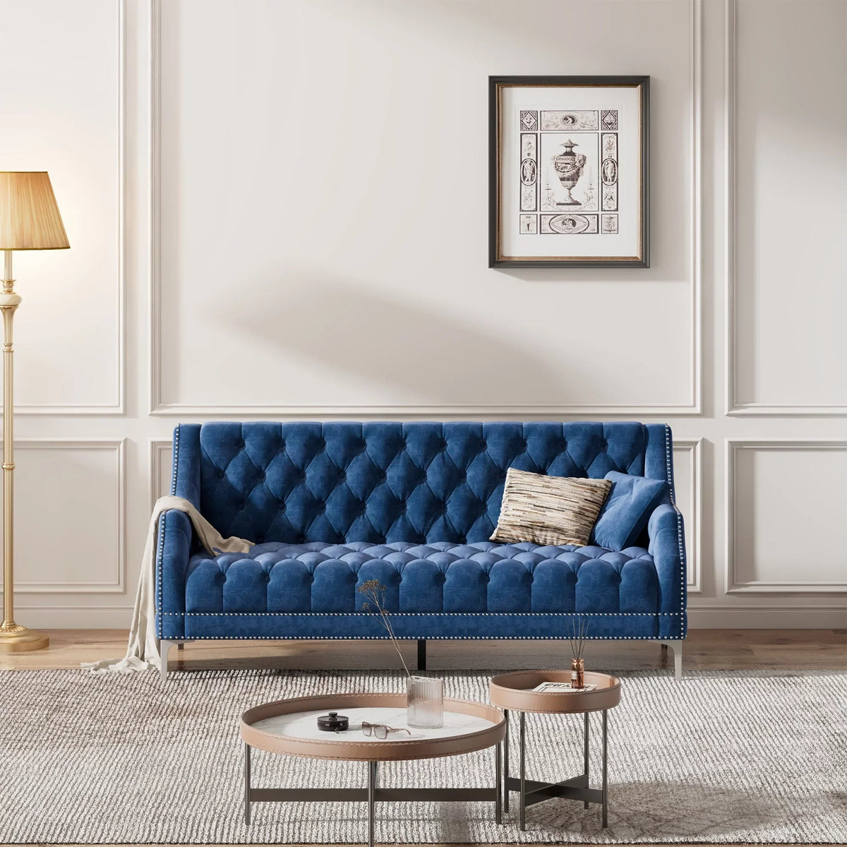 78 inch Dutch Plush Upholstered Chesterfield Sofa With Metal Legs, Button Tufted Back, Blue