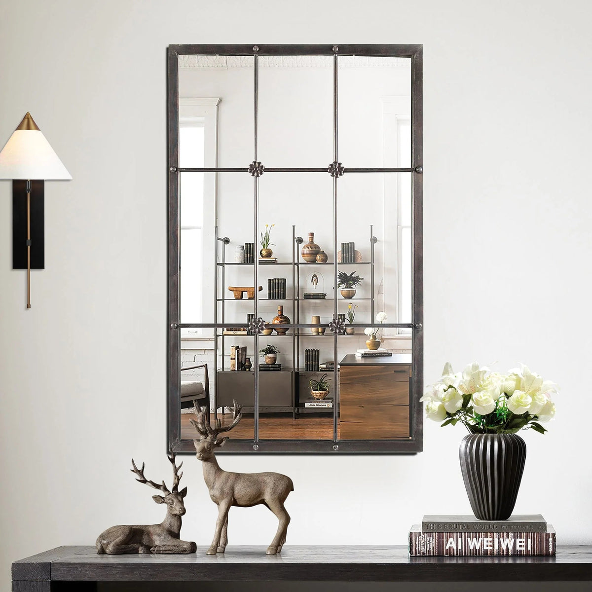 Rustic Brown Windowpane Wall Mirror With Metal Frame, 37.75 in H x 23.8 in W