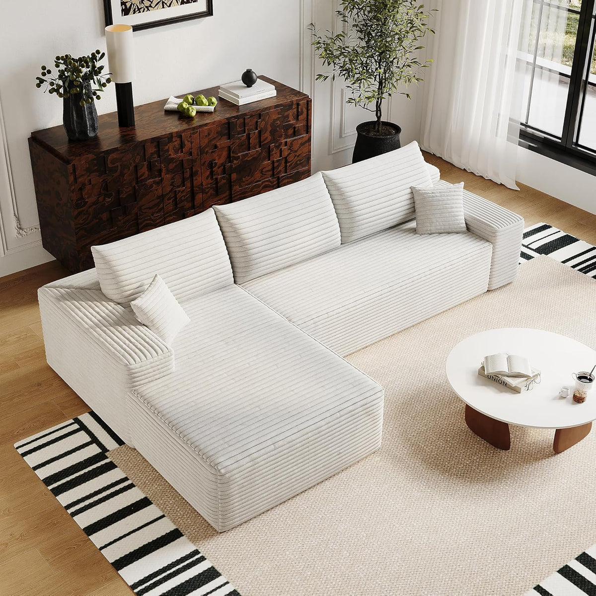 Oversized 135in 3-Piece Corduroy Upholstered Sectional Sofa With Deep Seat - Full Foam