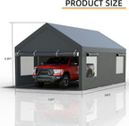 JY QAQA Heavy Duty Carport 12x20 FT With Removable Side Walls And Doors, Grey