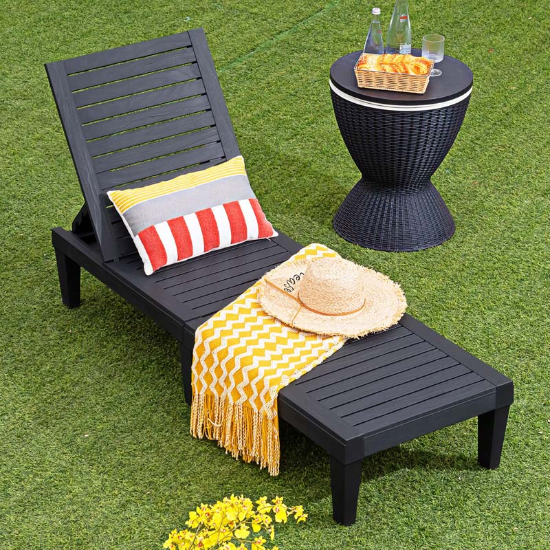 Outdoor Patio Chaise Lounge Chair Recliner - Adjustable 5 Positions, Wood Texture Design