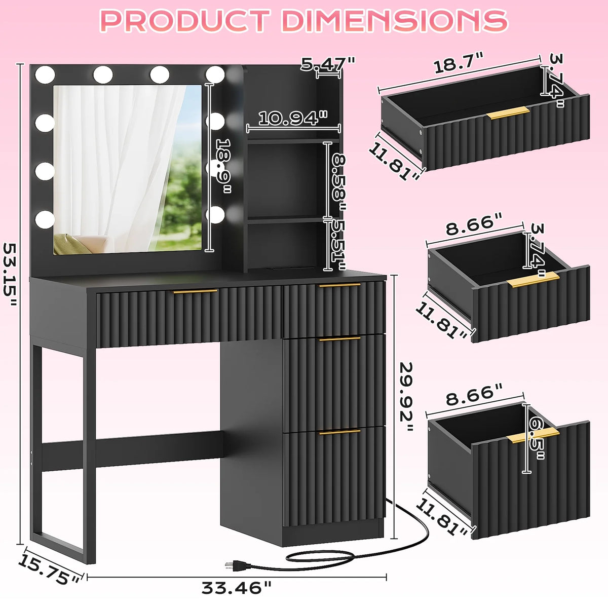 Ktaxon Vanity Makeup Table With Stool, 3-Color Lighted Mirror, 3 Shelves, Drawers, White - 35.43 x 15.55 x 29.53-53.27 in