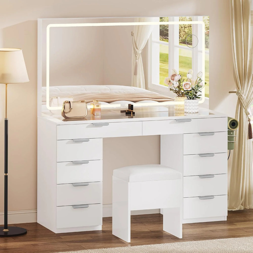 YITAHOME Vanity Set With LED Mirror, 10 Drawers, Stool, Pure White, 15.7 x 46 x 55.9 in