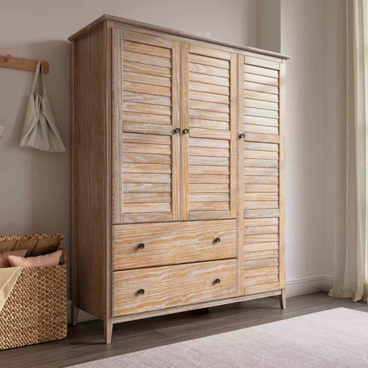 Solid Pine Wood Armoire, 3 Doors, 2 Drawers, 5 Shelves, 73.75 in H x 59.5 in W x 21.5 in D