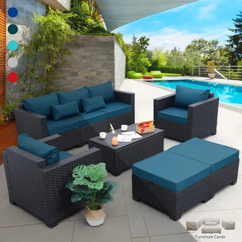 Rattaner 6-Piece Outdoor Patio Conversation Set With Cushions, Covers And Coffee Table - Peacock Blue