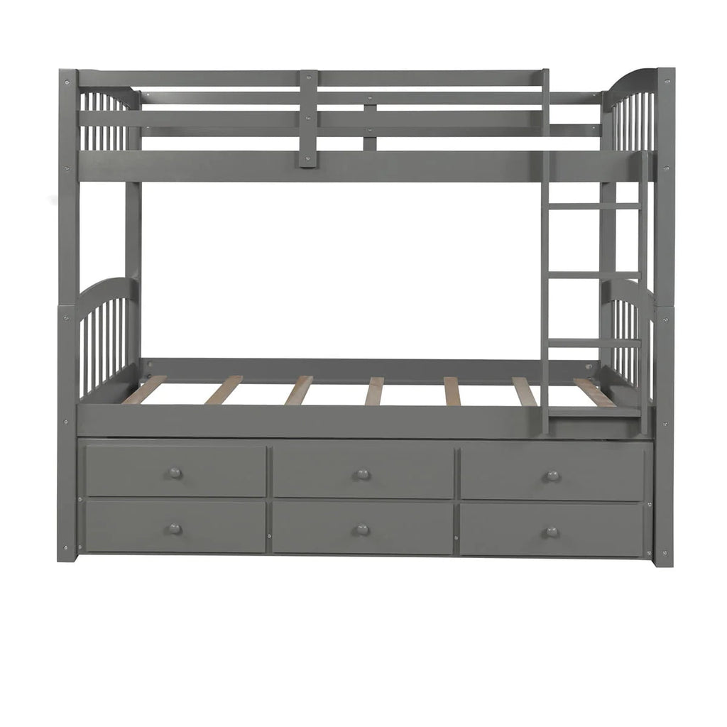 Twin-Over-Twin Bunk Bed With Trundle, Ladder, Safety Rail, 3 Drawers, Plywood, MDF and Pinewood - Gray
