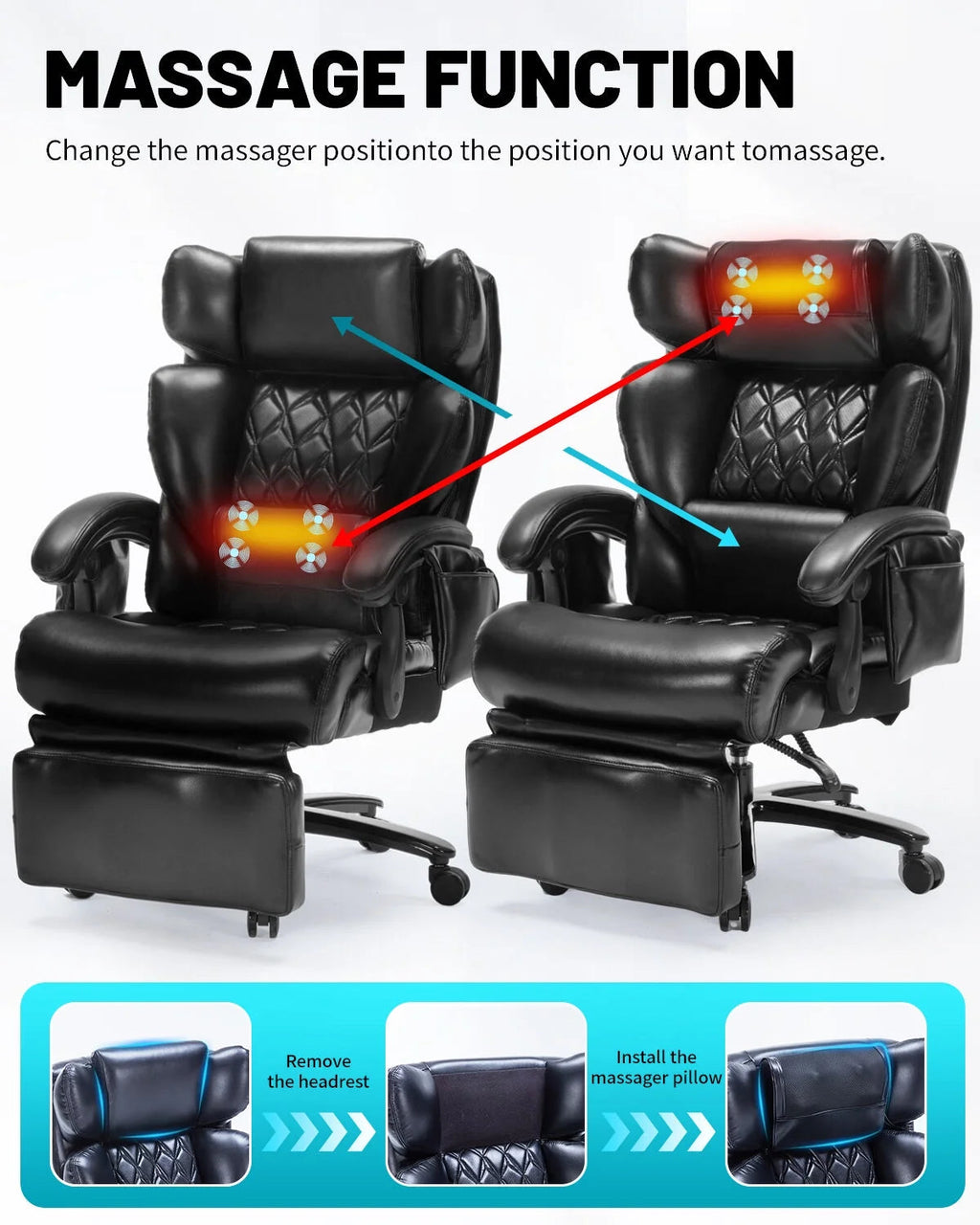 Big And Tall Executive Office Chair, 800 Lbs, 8-Node Massage, Heat, PU Leather, Adjustable Footrest