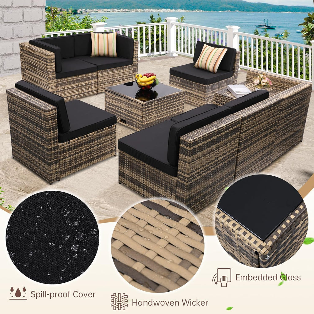 8-Piece Outdoor Wicker Rattan Sectional Patio Furniture Set With Cushions And Glass Top Storage Table - Black
