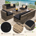 8-Piece Outdoor Wicker Rattan Sectional Patio Furniture Set With Cushions And Glass Top Storage Table - Black