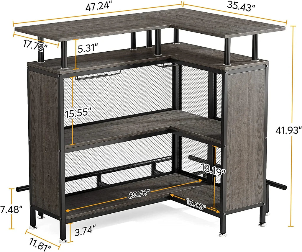 FJU L-Shaped Home Bar Unit With Stemware Racks, 2-Tier Shelves And Footrest - Gray