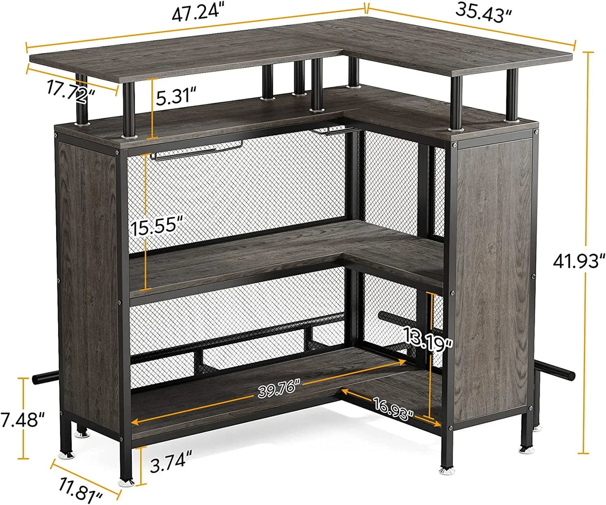 FJU L-Shaped Home Bar Unit With Stemware Racks, 2-Tier Shelves And Footrest - Gray