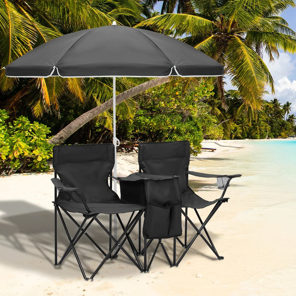 Magshion Portable Double Folding Camping Chair With Removable Umbrella, Cooler Bag And Carry Bag, Black