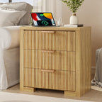 Fluted Nightstand Set Of 2 With Charging Station, 23.6 in, 3 Drawers, Natural Oak