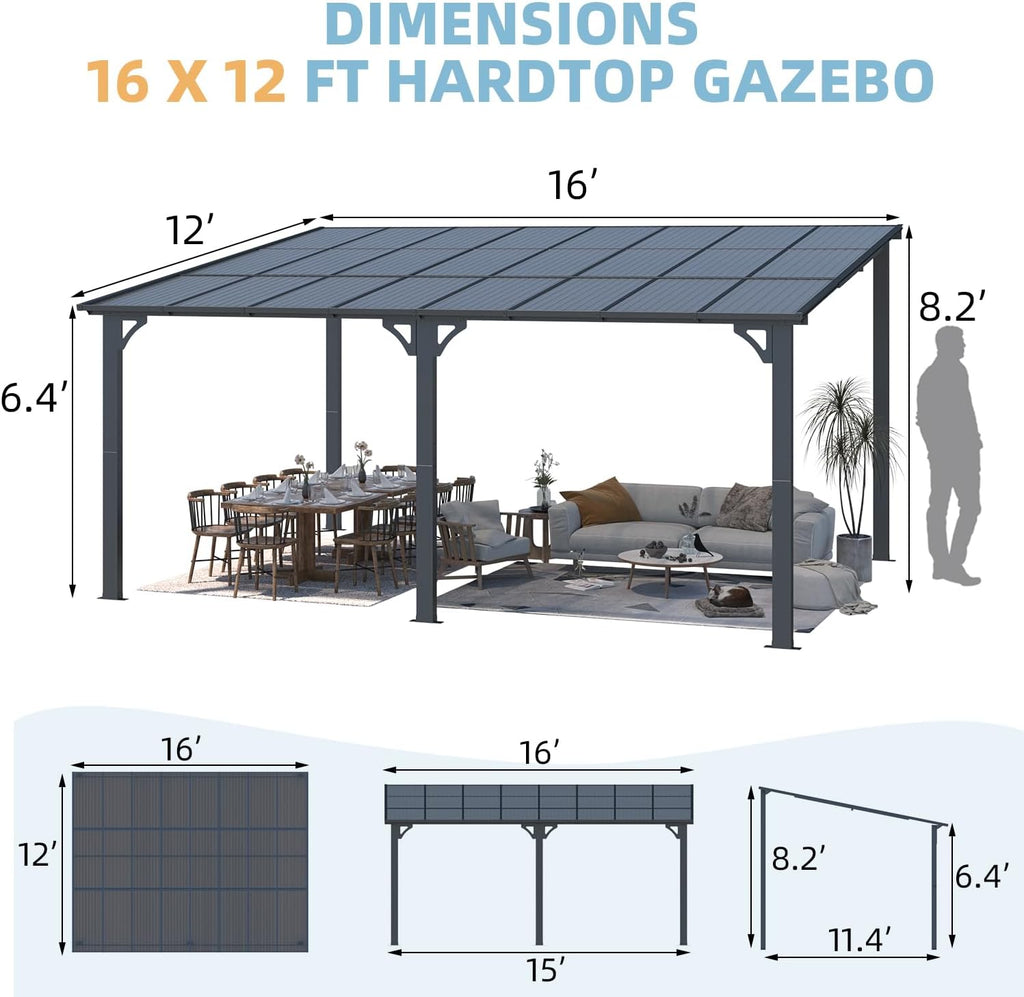 AECOJOY 16 ft x 12 ft Wall-Mounted Hard Top Pergola