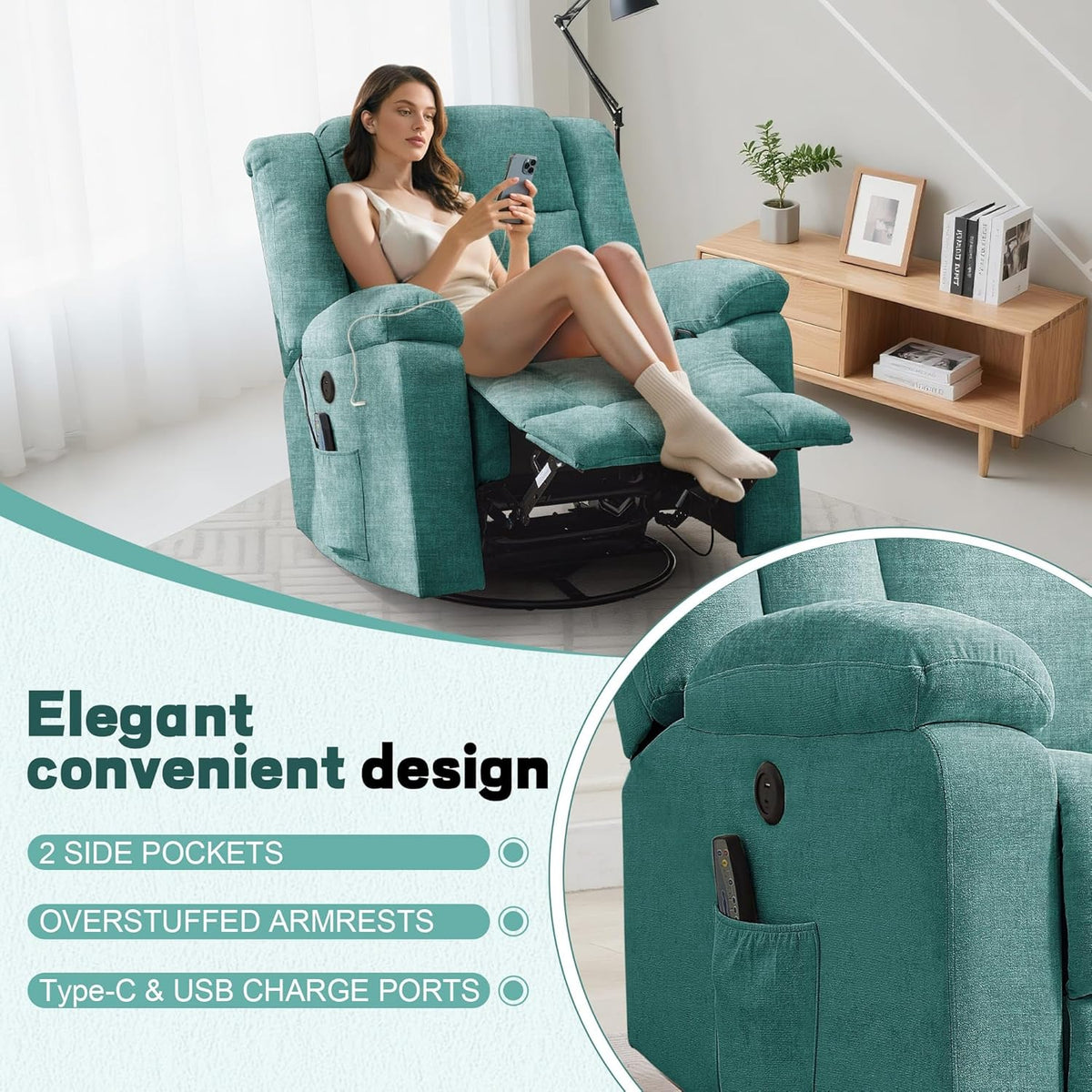 Korser Swivel Rocker Recliner Chair With Massage, Heating, USB Charging And Storage