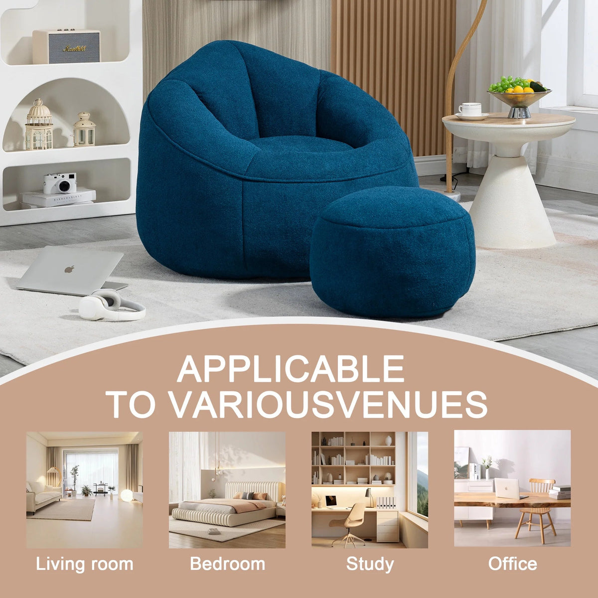 MOONMISS Microfiber Upholstered Round Bean Bag Sofa Chair With Ottoman - Gray