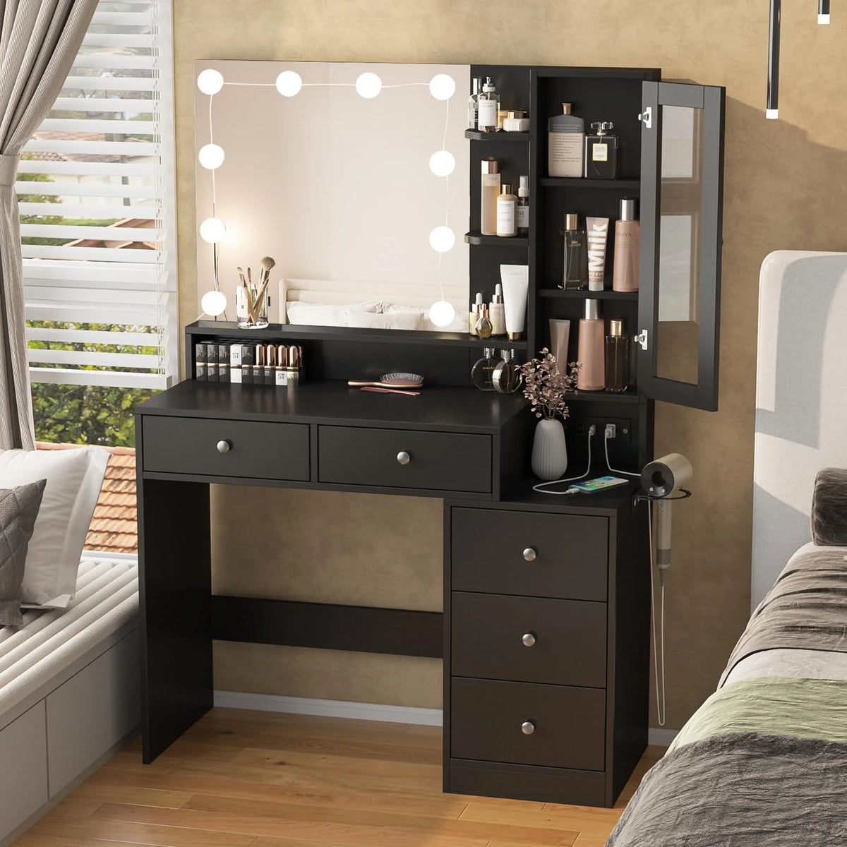 VEANERWOOD Makeup Vanity Desk With Lighted Mirror, Power Strip, 5 Drawers, White - 39.4in x 15.7in x 56.7in