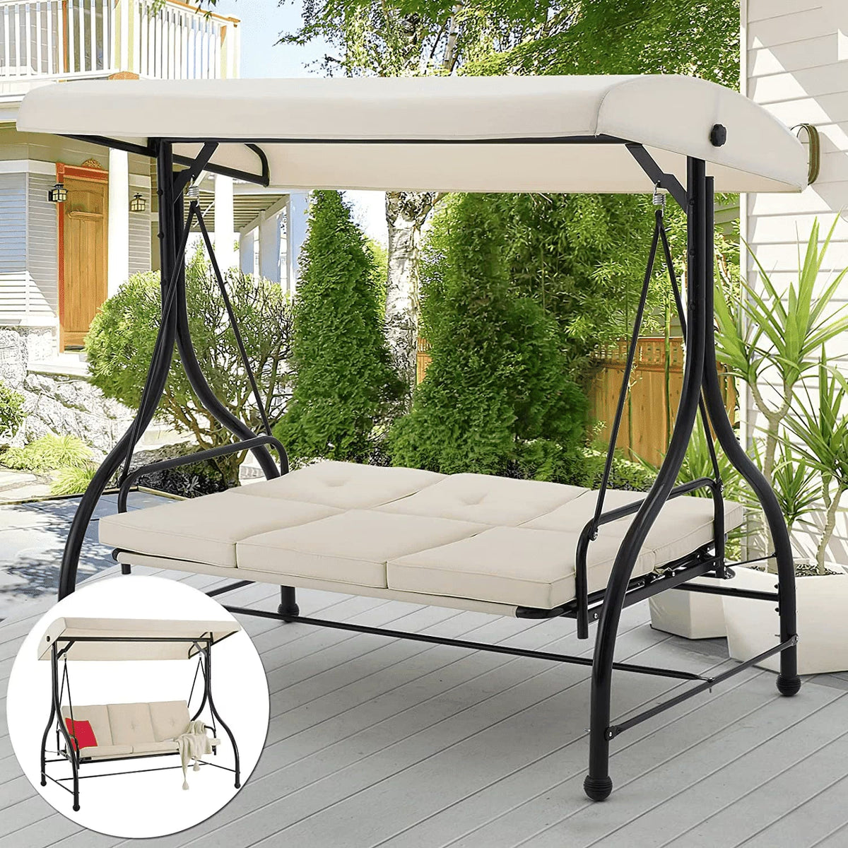 AECOJOY 3-Person Steel Canopy Porch Swing Glider Hammock