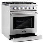 Cosmo 4-Piece Kitchen Appliance Package - 30 in Gas Range, Wall Mount Range Hood, 24 in Built-In Dishwasher, French Door Refrigerator