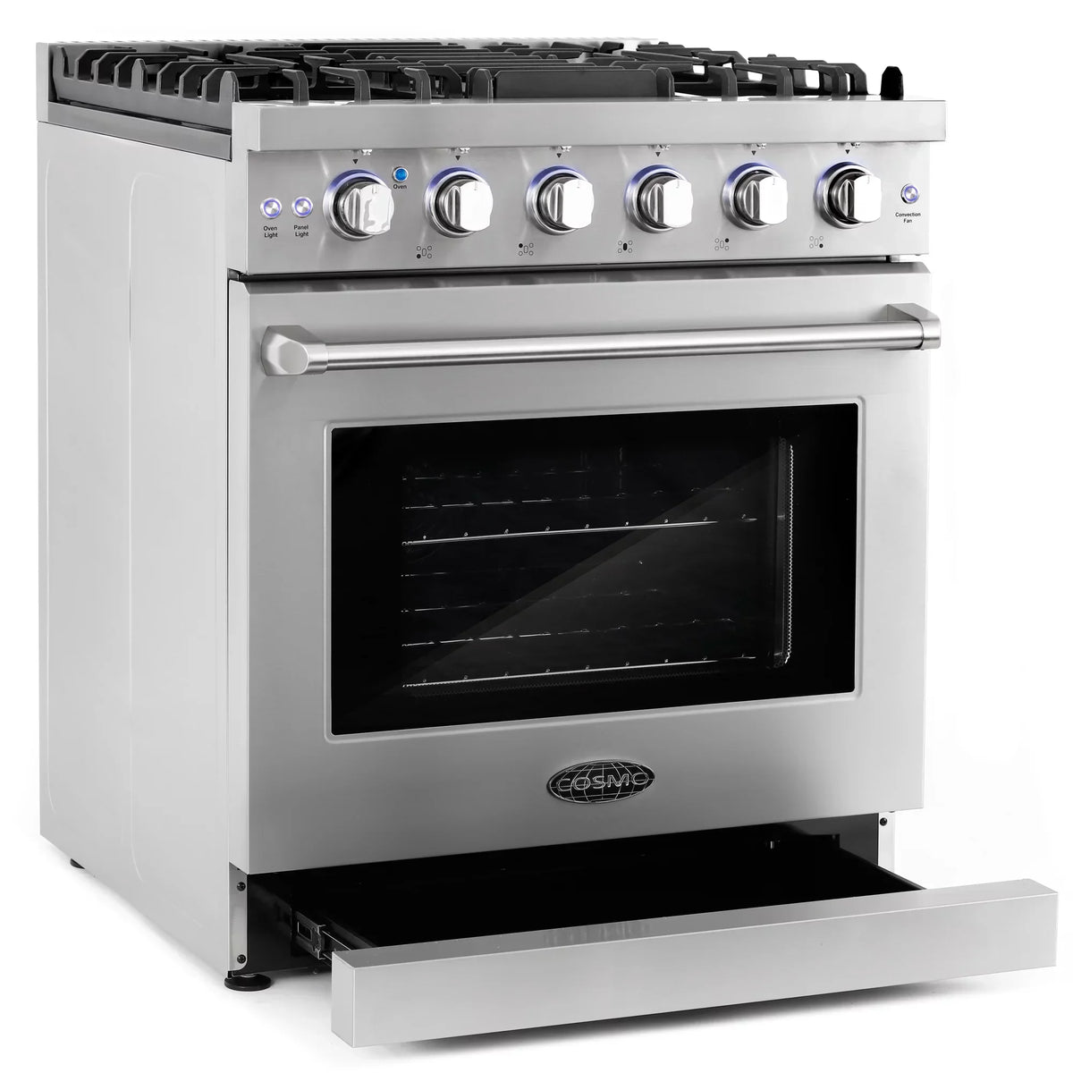 Cosmo 4-Piece Kitchen Appliance Package - 30 in Gas Range, Wall Mount Range Hood, 24 in Built-In Dishwasher, French Door Refrigerator