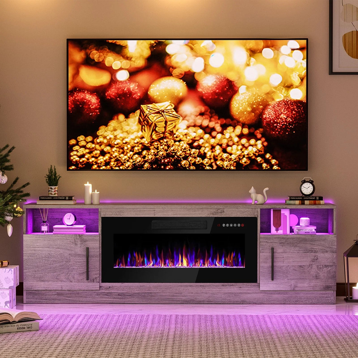 Waleaf TV Stand With 18 in Electric Fireplace And Adjustable Glass Shelves - TVs Up To 65 inch