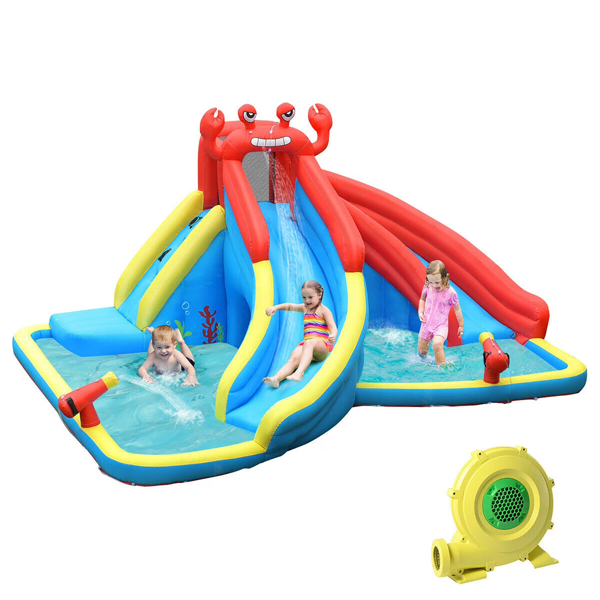 Costway Inflatable Crab Dual Slide Water Park Bounce House With Splash Pools, 197 x 157.5 x 98.5 in, 950W Blower