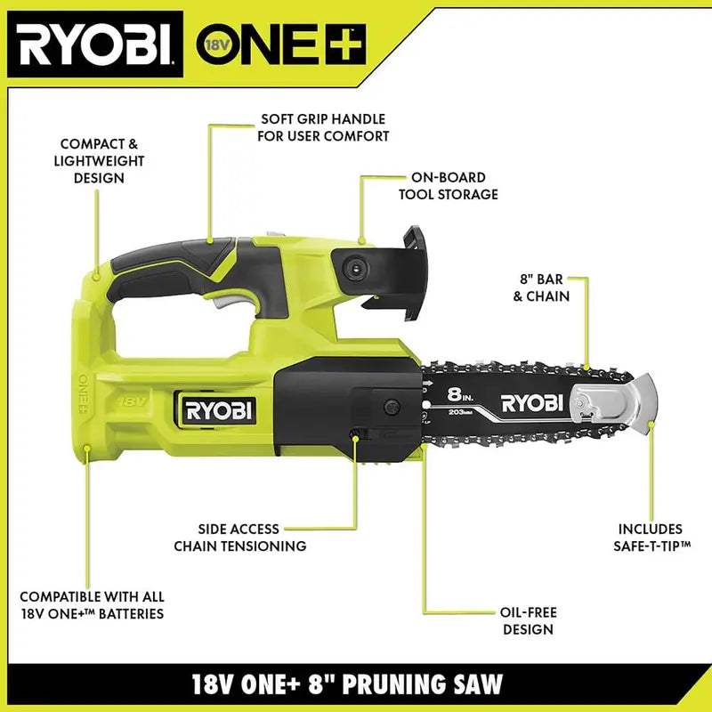 RYOBI ONE+ 18V 8 in Cordless Pole Saw And Pruning Saw Combo Kit With 2.0 Ah Battery And Charger - P20310