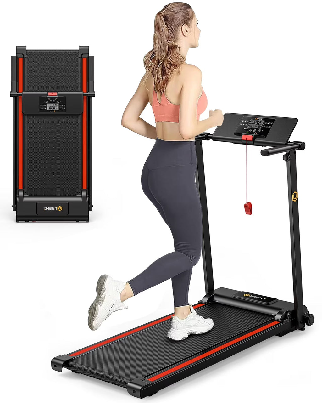 UREVO Folding Treadmill - 2.25HP, 12 HIIT Modes, 265 lbs Capacity, Yellow Or Red