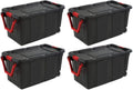 HUHAN 40 Gallon/151 Liter Wheeled Industrial Tote, Black With Red Handle And Latches, 4-Pack - 14699002