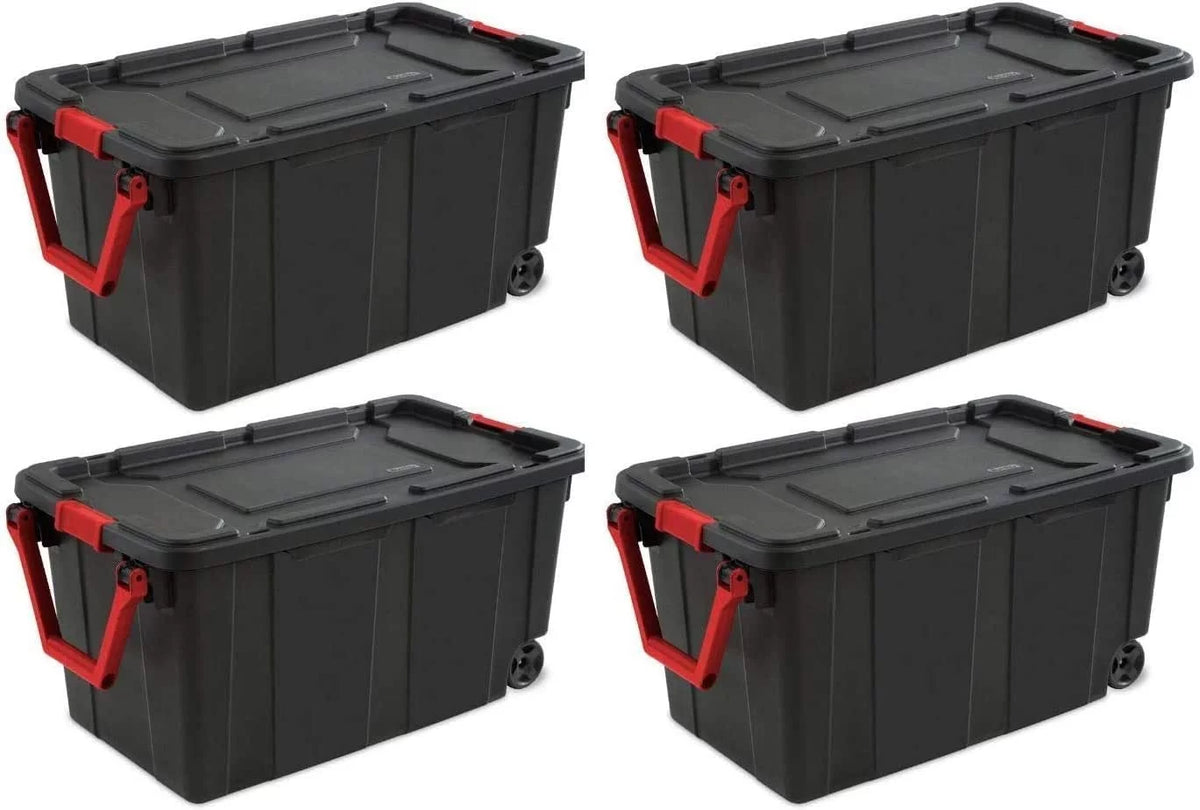 HUHAN 40 Gallon/151 Liter Wheeled Industrial Tote, Black With Red Handle And Latches, 4-Pack - 14699002
