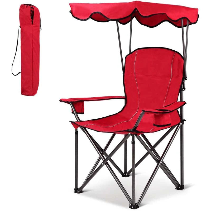 Outdoor Canopy Folding Beach Chair With 2 Cup Holders, 600D PVC Fabric - 38in x 26.5in x 51in