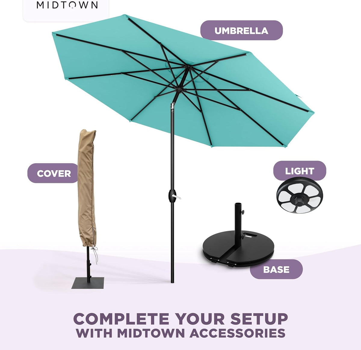Midtown Umbrellas 9 Ft Patio Umbrella With Sunbrella Fabric, Aruba Canopy, Black Pole, Aluminum Frame And 8 Reinforced Ribs - The Lean