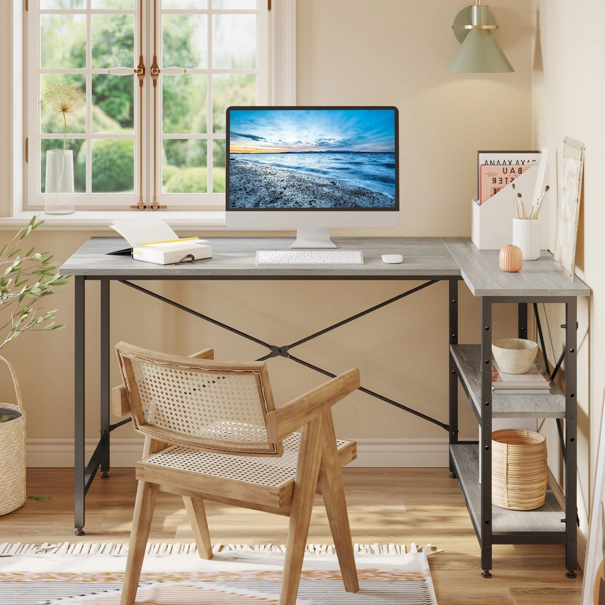 Small L-Shaped Computer Desk With Reversible Storage Shelves - 55-Inch / 47-Inch