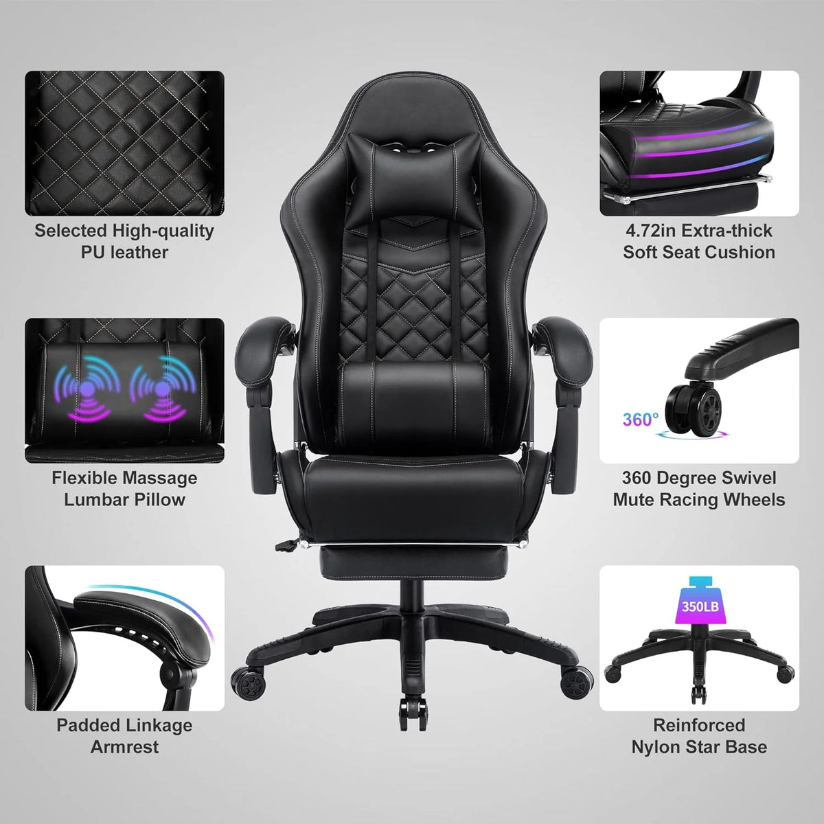 Blue Whale PU Leather Big And Tall Ergonomic Office Gaming Chair, 350 Pounds - B0BTCQ3VVW
