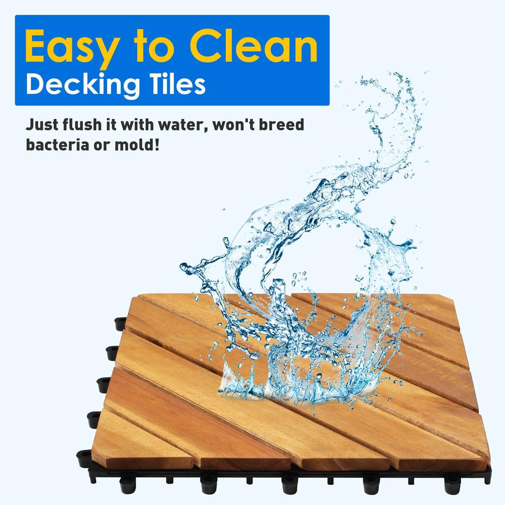 TrumanPick 27 PCS Interlocking Acacia Wood Deck Tiles, 12 in L x 12 in W, Brown Diagonal