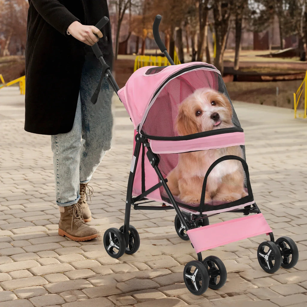Magshion 4 Wheel Foldable Pet Stroller for Small Medium Dogs, Pink, 22 lbs