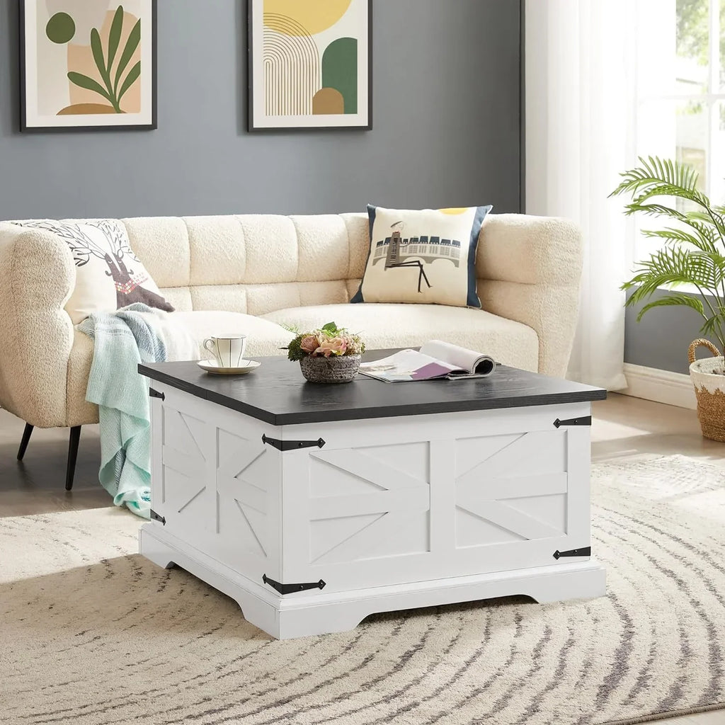 Farmhouse Square Lift-Top Coffee Table With Hidden Storage, White, 31.5 x 31.5 x 18.5 in