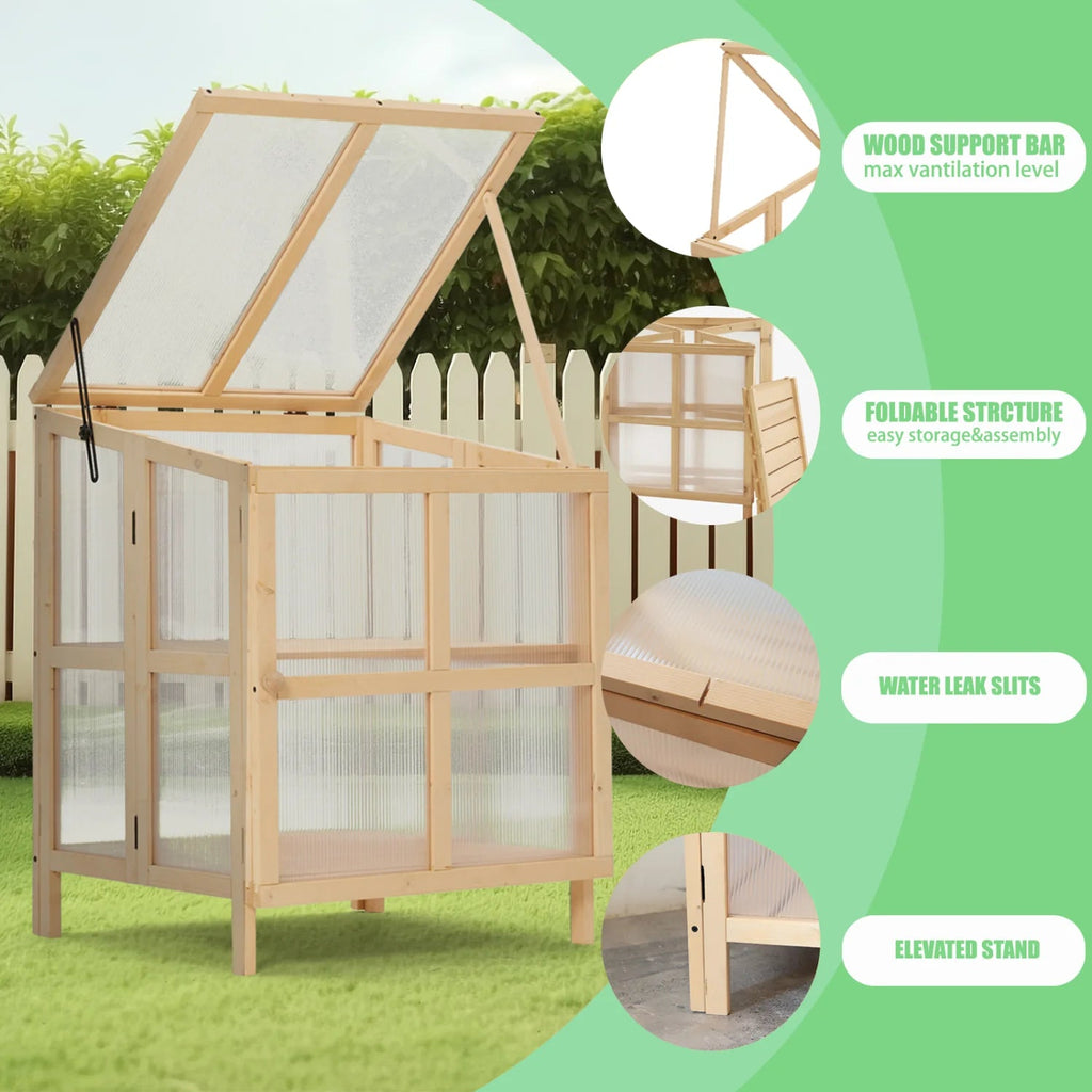 Youmumeub Wooden Cold Frame Greenhouse With 2-Tier Raised Garden Planter And Polycarbonate Panels - Foldable, Natural Wood