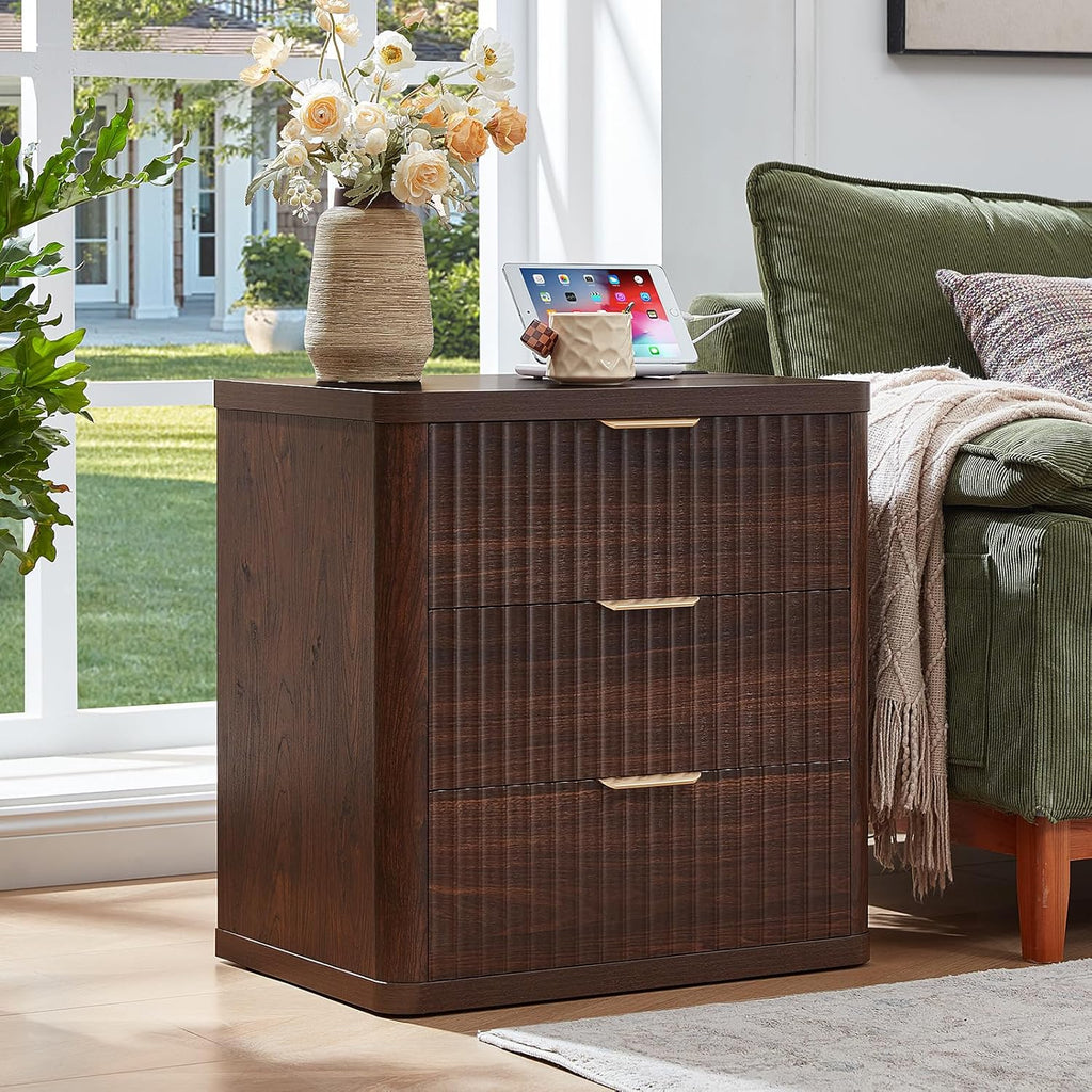 LEYAOYAO Fluted Farmhouse Nightstand Set Of 2, Walnut, 23 inch Wide, 3 Drawers With Charging Station