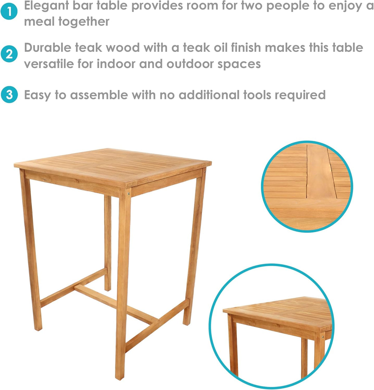 Sunnydaze Solid Teak Wood Square Patio Bar Table, 31.5in W x 31.5in D x 43.5in H