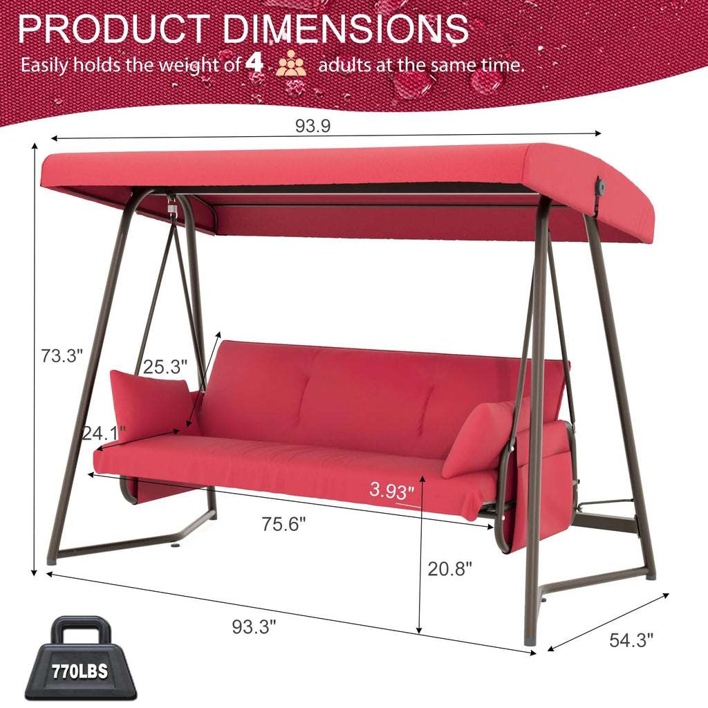 TQKVIPI 4 Person Outdoor Porch Swing Bed With Adjustable Backrest Canopy - 800 lbs Capacity