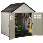 Rubbermaid Resin Outdoor Garden Storage Shed 7 x 7 ft, Sand - With Windows And Utility Hooks