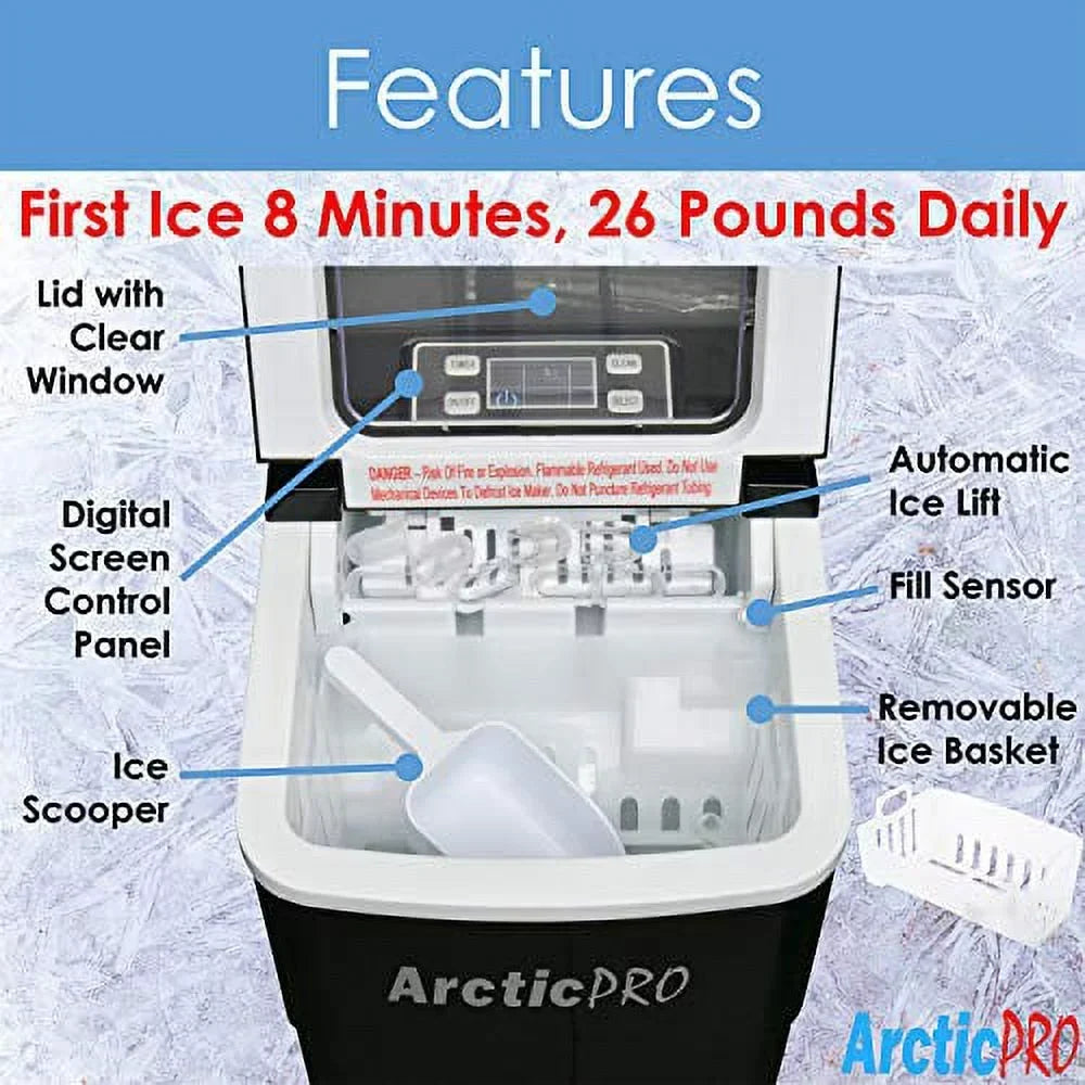 Arctic-Pro Portable Digital Ice Maker Machine, 26 Pounds Daily, Black, 11.5x8.7x12.5 Inches