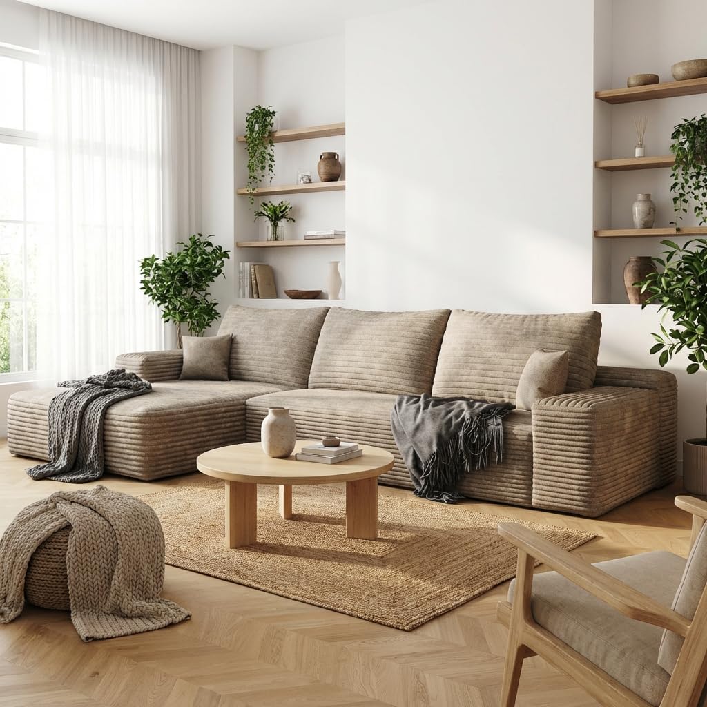 Oversized 135in 3-Piece Corduroy Upholstered Sectional Sofa With Deep Seat - Full Foam