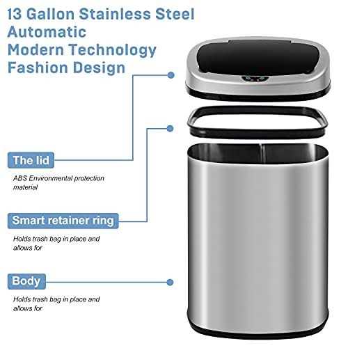 Bigacc Kitchen Trash Can, 13 Gallon 50 Liter, Stainless Steel, Touch-Free Motion Sensor