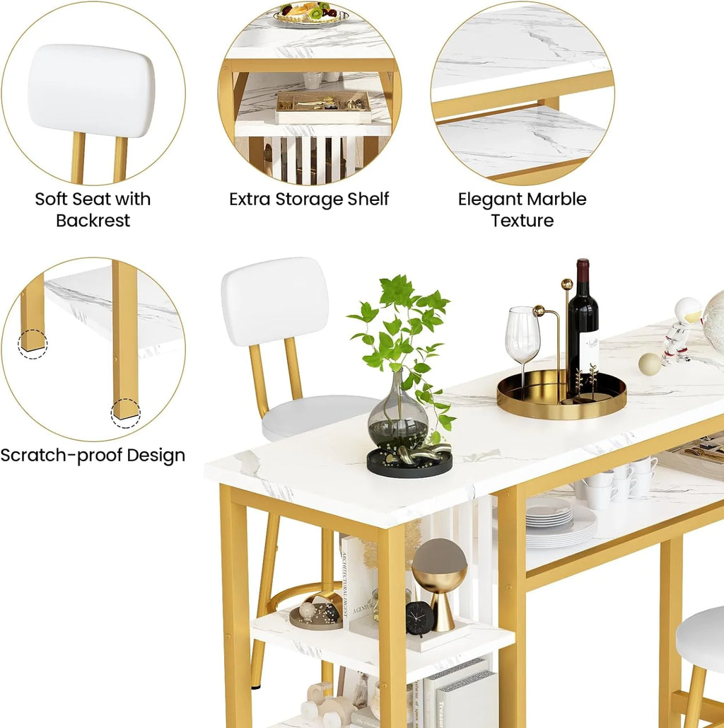 3-Piece White Faux Marble Bar Table And Chairs Set With 2 PU Cushion Bar Stools And 3-Tier Storage Shelves - Gold Frame