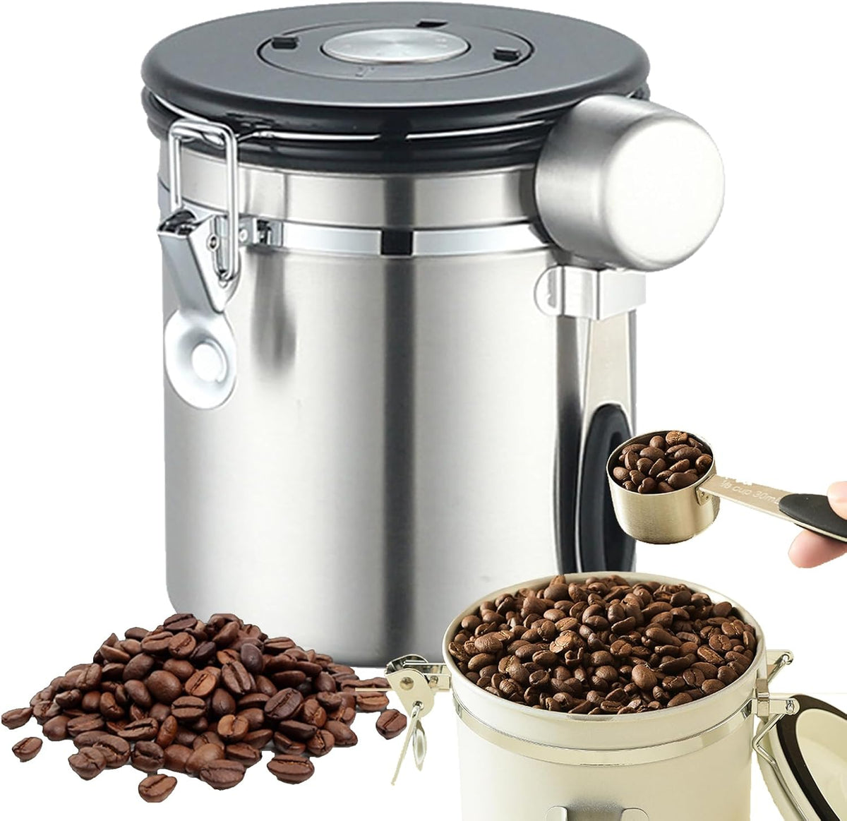 Coffee Storage Canister With Spoon, Date Tracker And One-Way Exhaust Valve - 1200ml, 1500ml, 1800ml