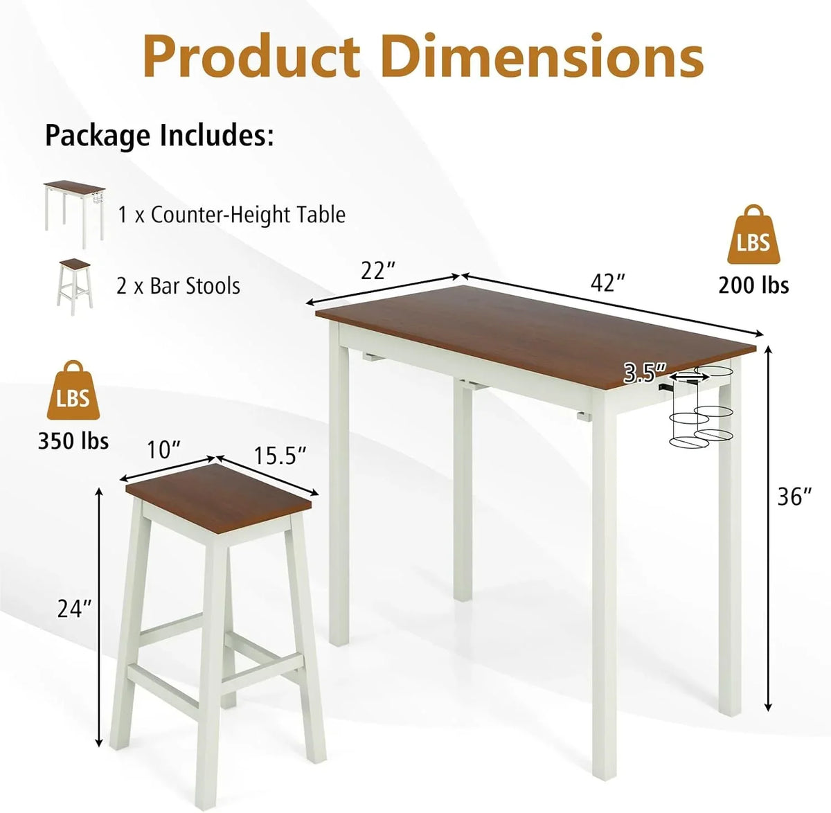 3-Piece Counter Height Bar Table Set With 2 Stools And 2 Wine Holders - Cream White & Walnut